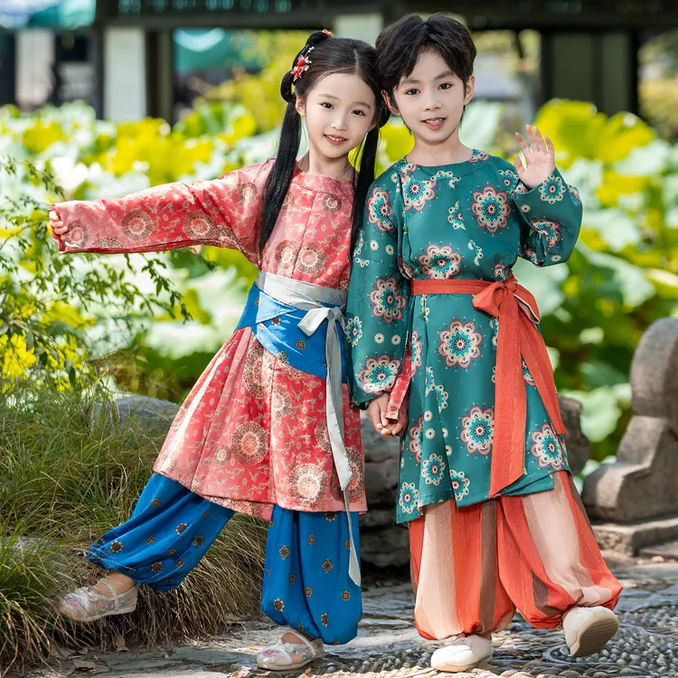 儿童汉服唐制圆领袍套装男女童春秋改良唐装中国风古装演出服班服