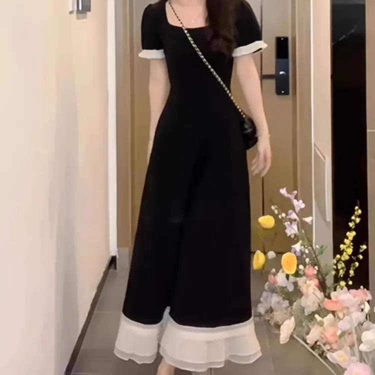 法式收腰显瘦小黑裙连衣裙女夏季新款胖大码时尚高级感拼接