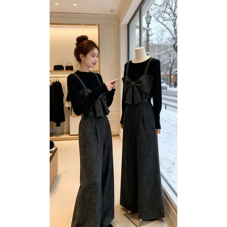 气质一整套ootd穿搭独特漂亮黑色打底衫蝴蝶结背带长裤两件套25冬