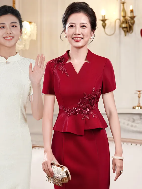 高端结婚礼服假两件喜婆婆敬酒服气质婚礼钉珠显瘦时尚国风优雅