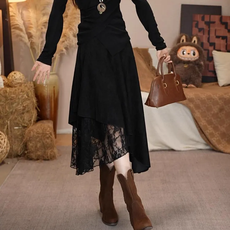 2025秋季时尚百搭中长款高腰显瘦A字半身裙女新款拼接不规则裙子