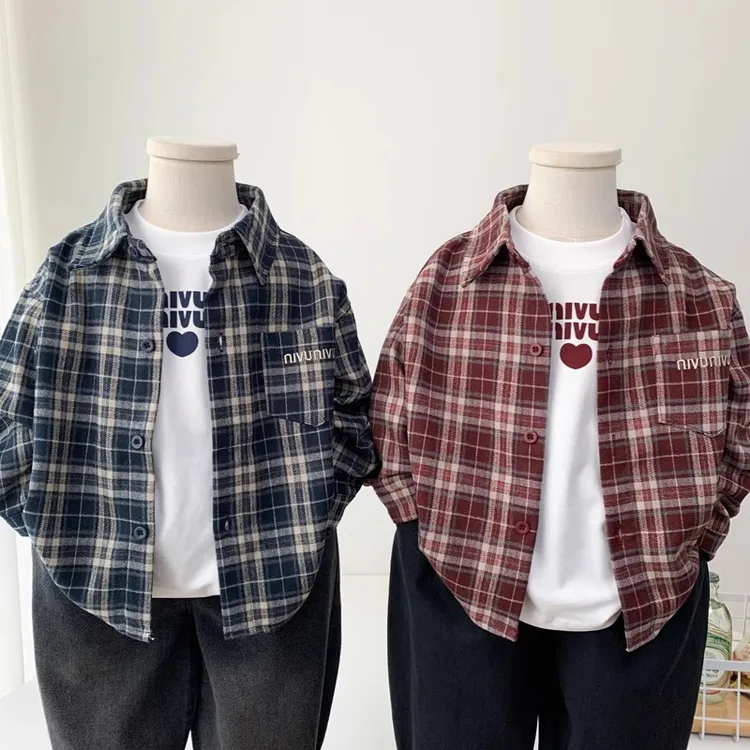 男童春季长袖衬衫2025新款韩版儿童帅气格子衬衣男孩休闲时尚上衣