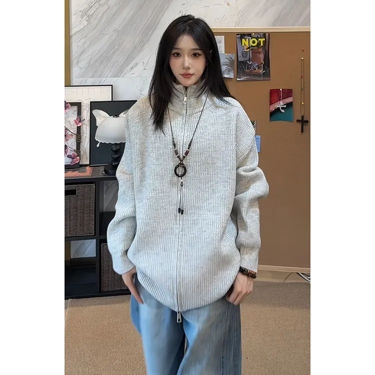 灰色双拉链开衫毛衣男女秋冬款慵懒风针织衫美式复古加厚立领外套