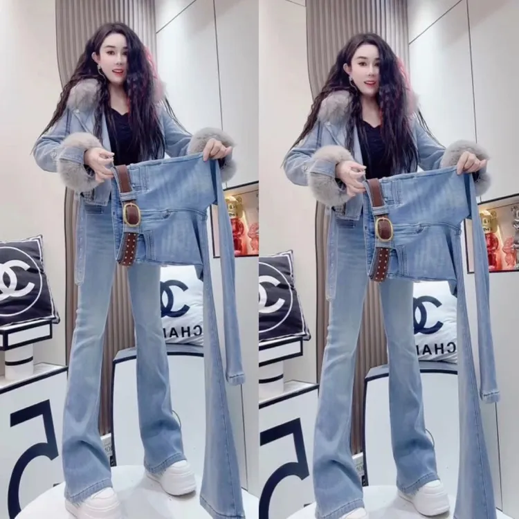 X加绒喇叭裤高腰修身 67583显瘦显腿长百搭气质款牛仔喇叭裤