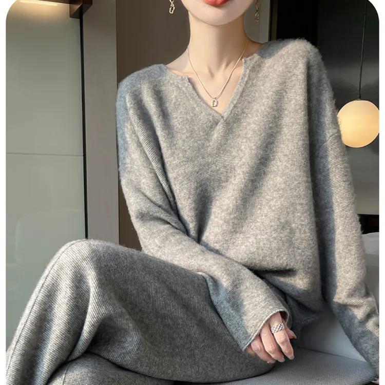 100%纯澳毛V领套头衫阔腿裤两件套慵懒风针织套装松弛感羊毛套装