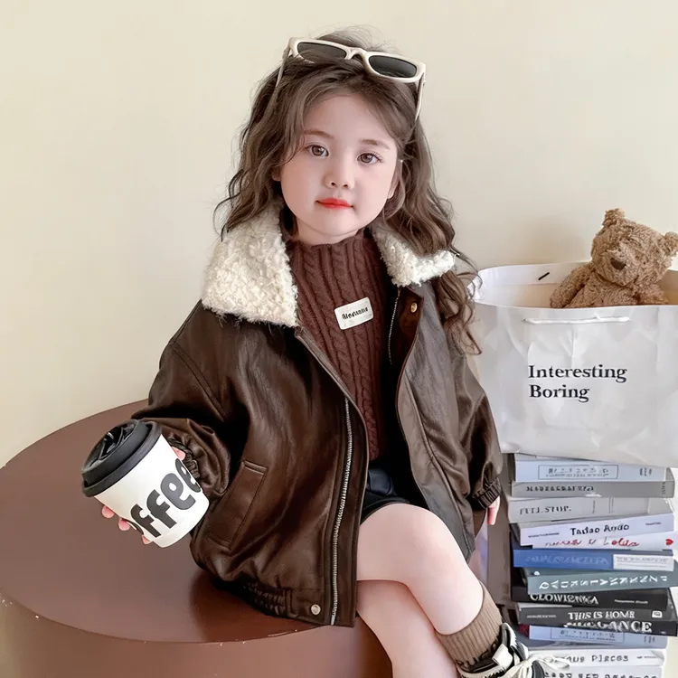 女童加绒外套秋冬季新款儿童翻领机车服洋气宝宝韩版时髦加厚皮衣