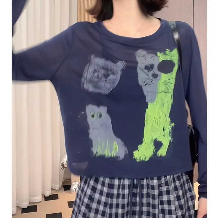2025春夏‘艺术猫咪’手绘减龄时髦小众设计显瘦圆领短袖女宽松上衣