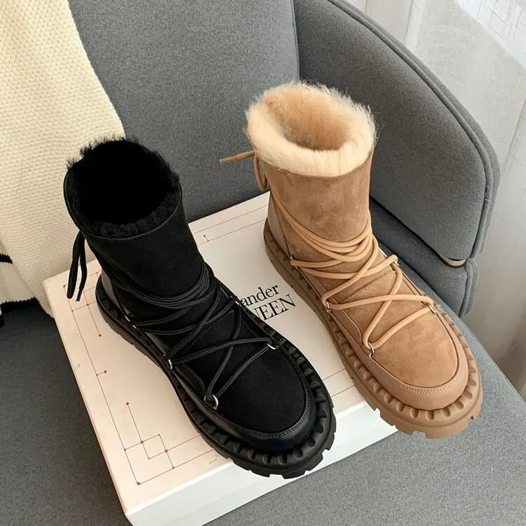 韩版皮毛一体雪地靴女加绒加厚冬季保暖厚底防滑真皮百搭冬季短靴