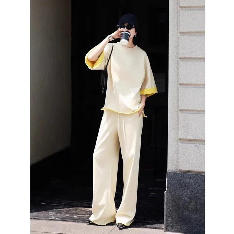 设计感小众时尚休闲卫衣套装宽松显瘦短袖T恤上衣长裤时髦两件套