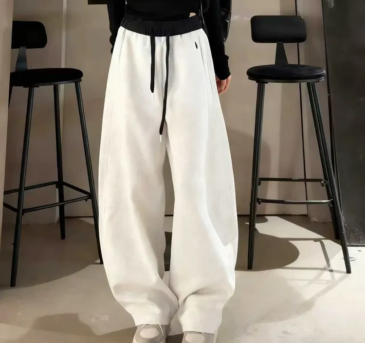 韩版网红同款秋冬刺绣高腰阔腿裤弯刀裤休闲裤运动裤牛仔裤百搭