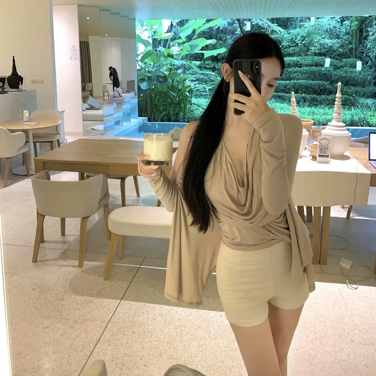 纯欲荡领挂脖吊带背心女长袖开衫小外套两件套短款上衣修身打底衫