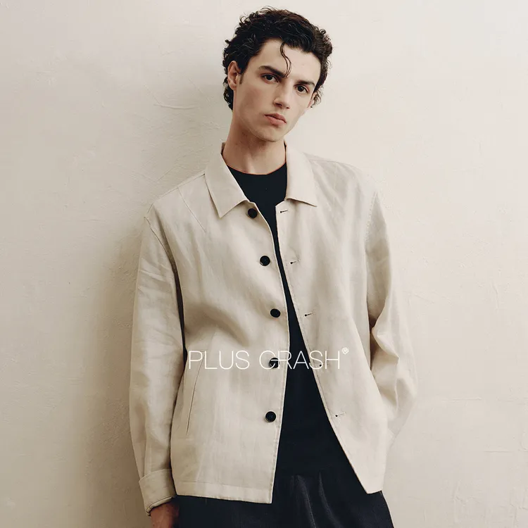 PLUS CRASH翻领亚麻100%夹克早秋薄款雅痞老钱风亚麻男装