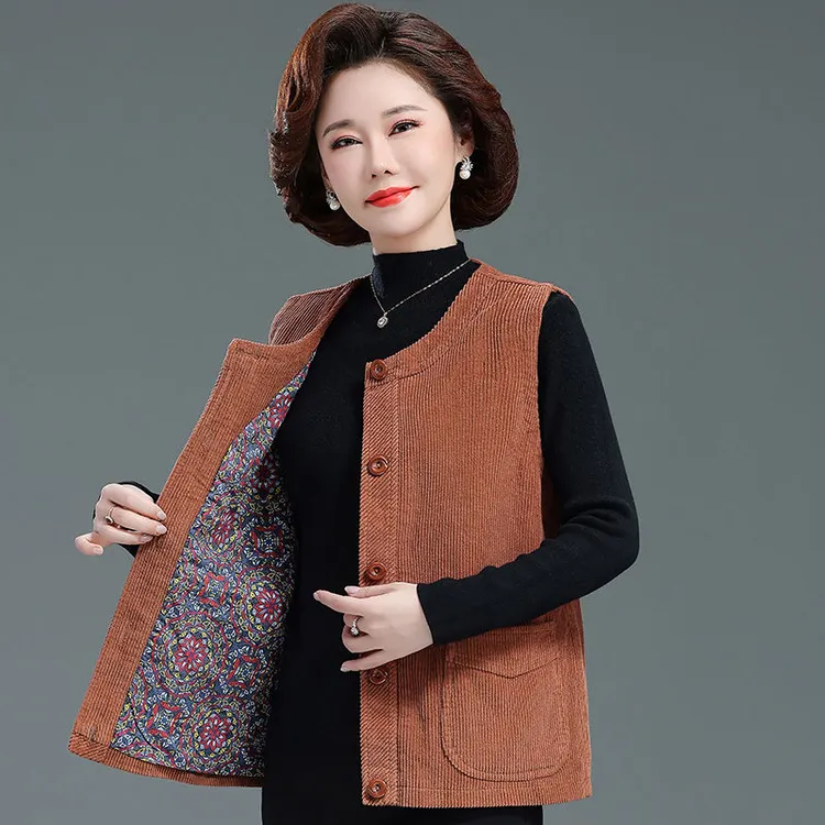 奶奶装春秋外套纯棉灯芯绒马甲背心老人条绒马夹外套中老年女坎肩