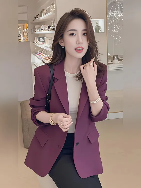 2025新款小个子高级感气质名媛超火休闲梅子色西装外套女春季西服