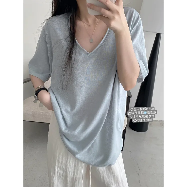 松弛感雪花肌理卷边V领短袖宽松慵懒T恤上衣女宽松显瘦纯色夏薄款
