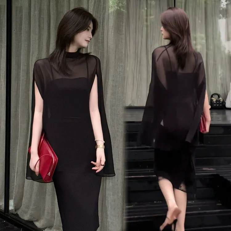 时尚套装裙女2025夏季新款洋气纱纱拼接斗篷上衣吊带半身裙三件套