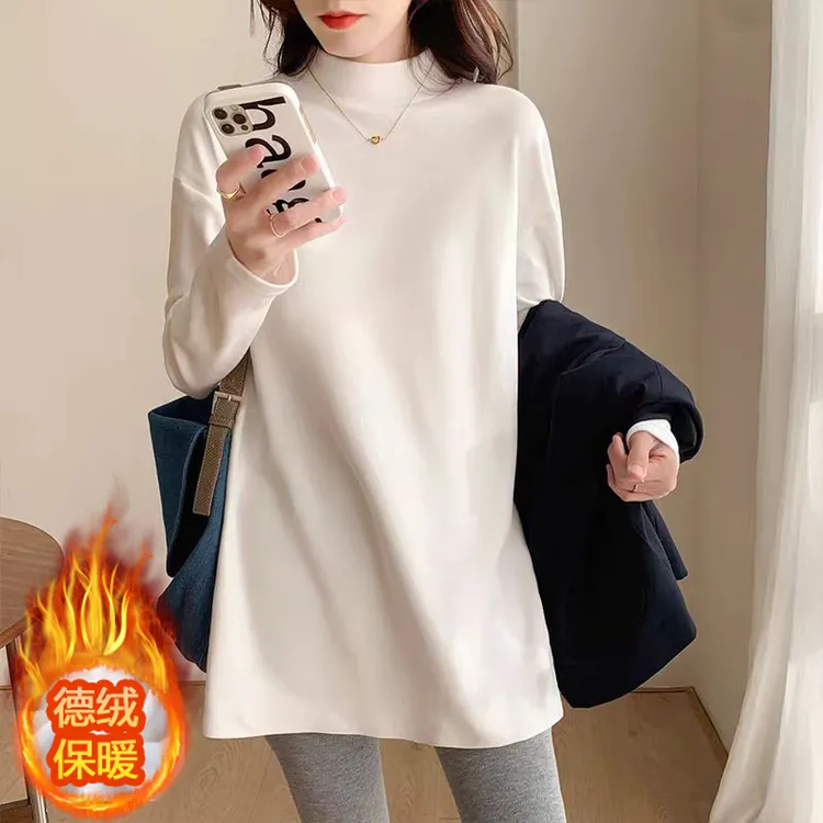 中长款高领长袖磨毛白色T恤加厚冬季内搭打底衫半高领韩版秋冬