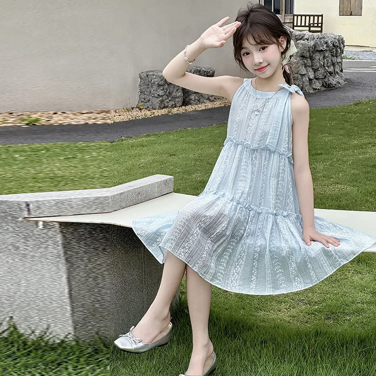 女童无袖挂脖连衣裙夏装2025新款儿童夏季薄款洋气儿童海边度假风