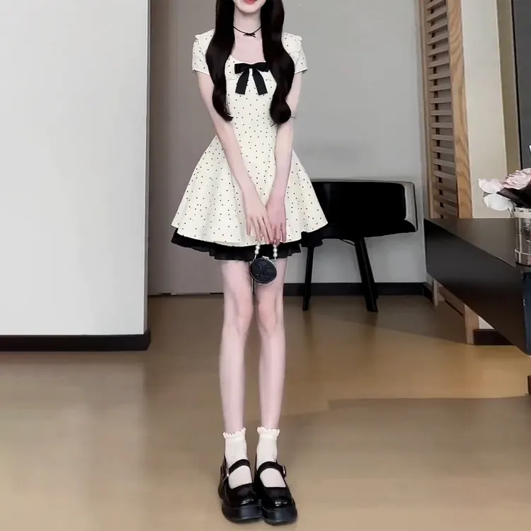 法式气质蝴蝶结波点连衣裙子女夏季2026新款小个子显瘦收腰a字裙
