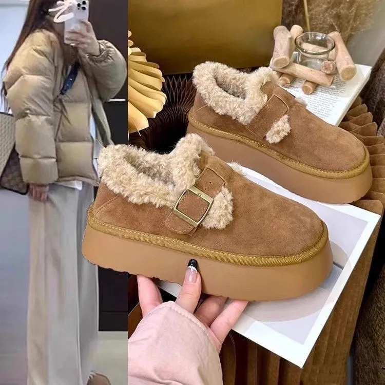 毛毛雪地靴女2025秋冬季新款厚底一脚蹬低帮面包女鞋加绒百搭棉鞋