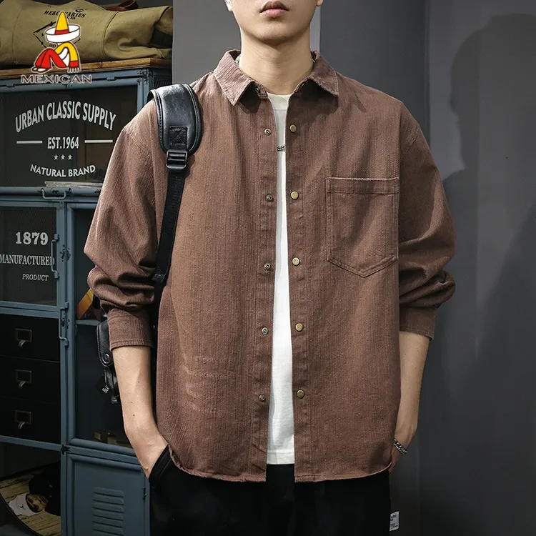 Mexican/稻草人美式复古长袖衬衫男士春季宽松休闲纯棉衬衣外套潮