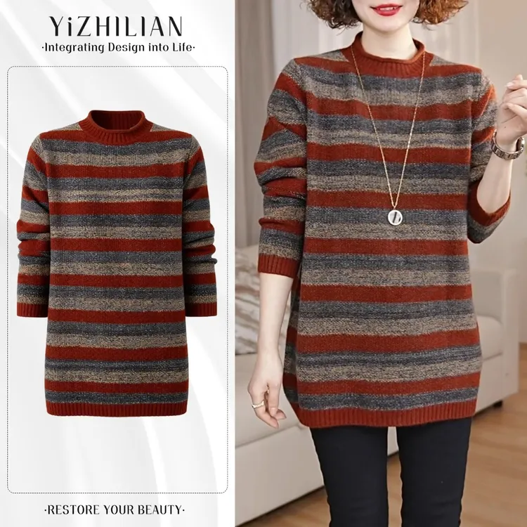 圆领条纹针织衫秋冬季咖条显瘦设计感2025年休闲百搭套头上衣减龄