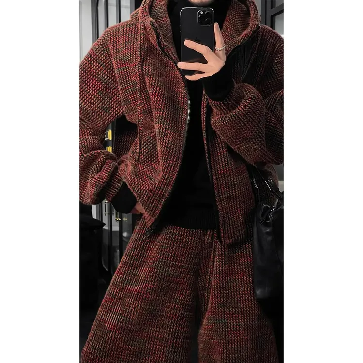 叨叨冬季新品美式复古设计感针织百搭连帽卫衣宽松阔腿长裤套装