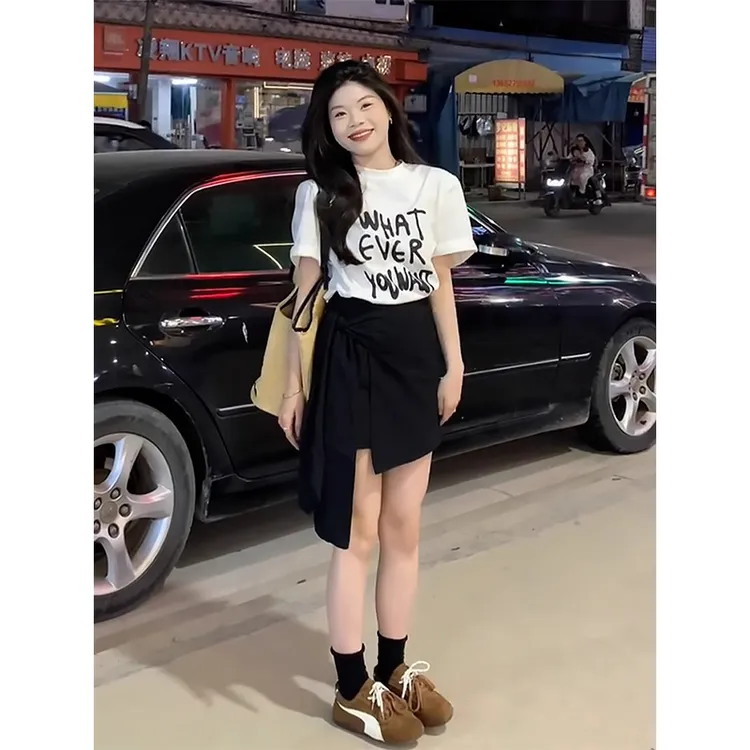 夏季韩风chic一整套穿搭小个子白色t恤连衣裙两件套装女2025新款