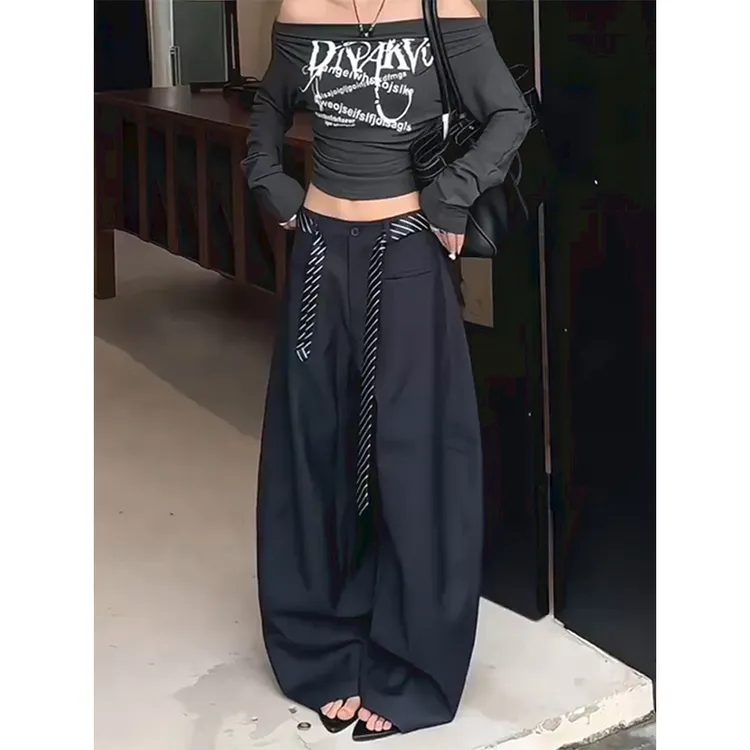 时髦洋气小众设计感弯刀阔腿裤女2025秋季新款高腰宽松休闲西装裤