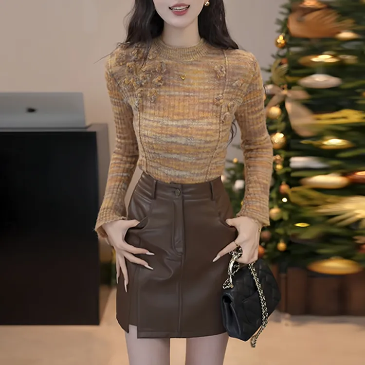 温柔显白撞色百搭长袖针织衫女2025秋冬季新款高级感穿搭减龄毛衣
