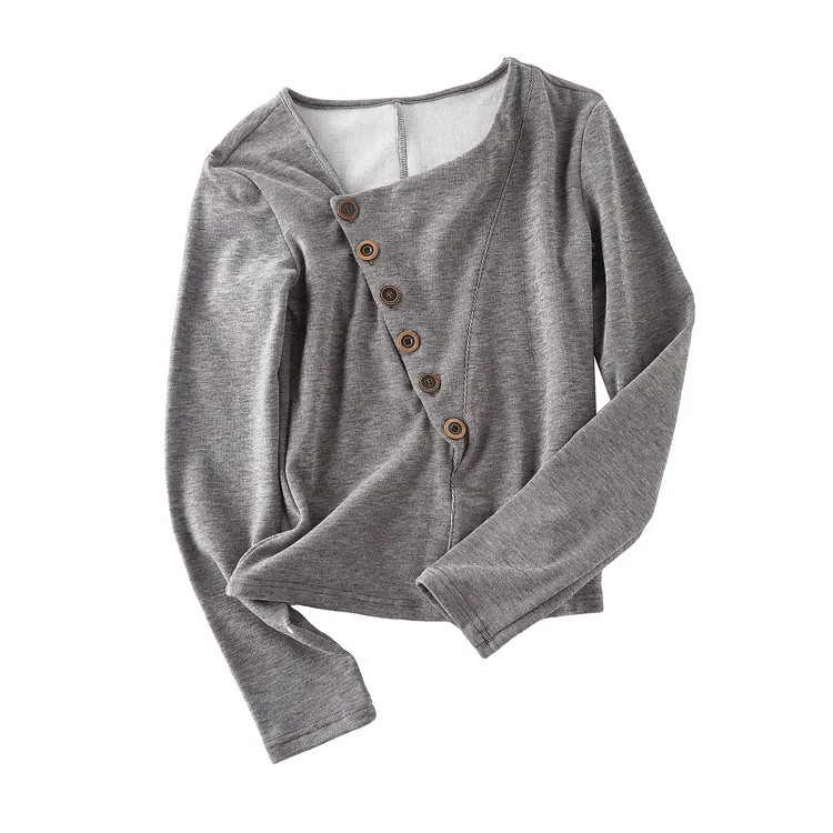 XTD 秋冬打底加绒不对称高级感打底长袖日系设计感/纽扣斜襟保暖