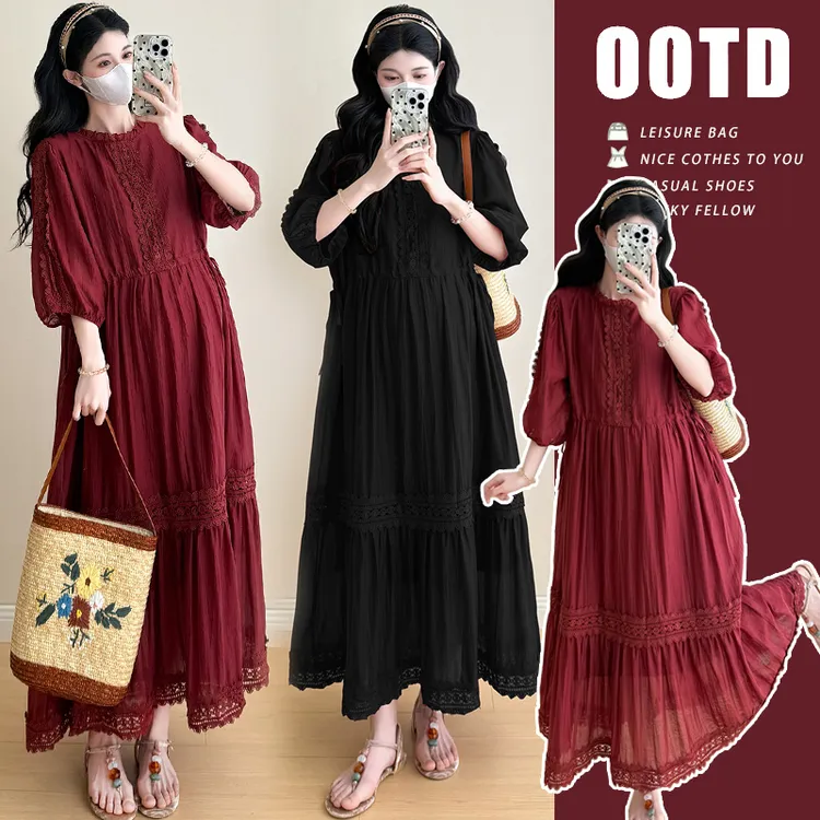 孕妇装夏装2025新款夏季外穿高腰重工蕾丝拼接纯色灯笼袖连衣裙女