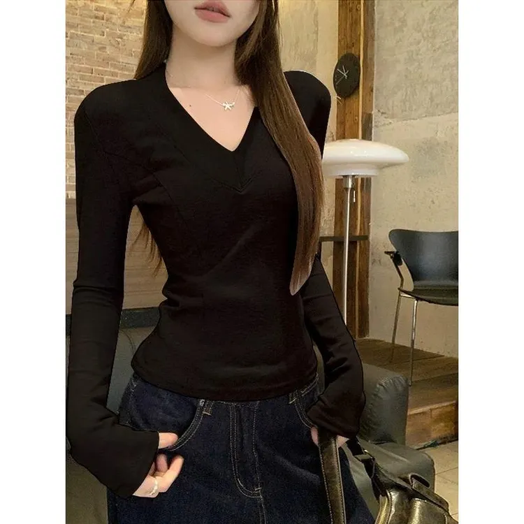 【pupu专属】秋季新款纯色基础款显瘦百搭气质显瘦V领内搭打底衫长袖T恤5725