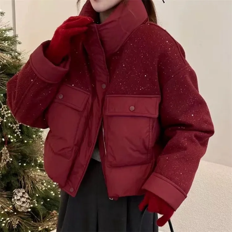 欧洲站重工亮闪闪立领拼接口袋棉服外套女早春小个子加厚保暖上衣