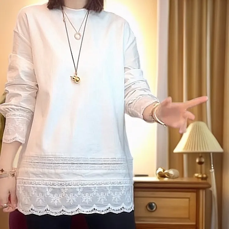 白色蕾丝拼接T恤女中长款百搭长袖打底衫显瘦内搭高级感上衣女装