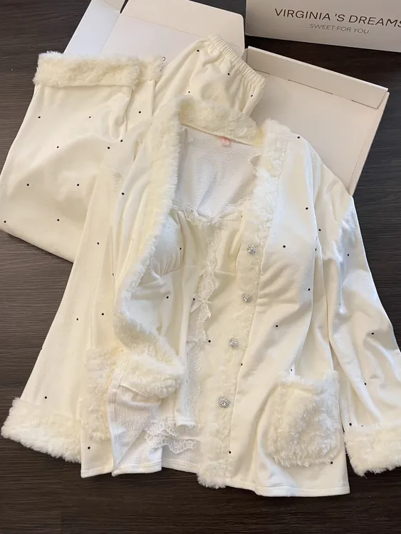 【DMXJ大梦想家】气质纯欲波点海岛绒睡衣女冬新款开衫家居服三件套