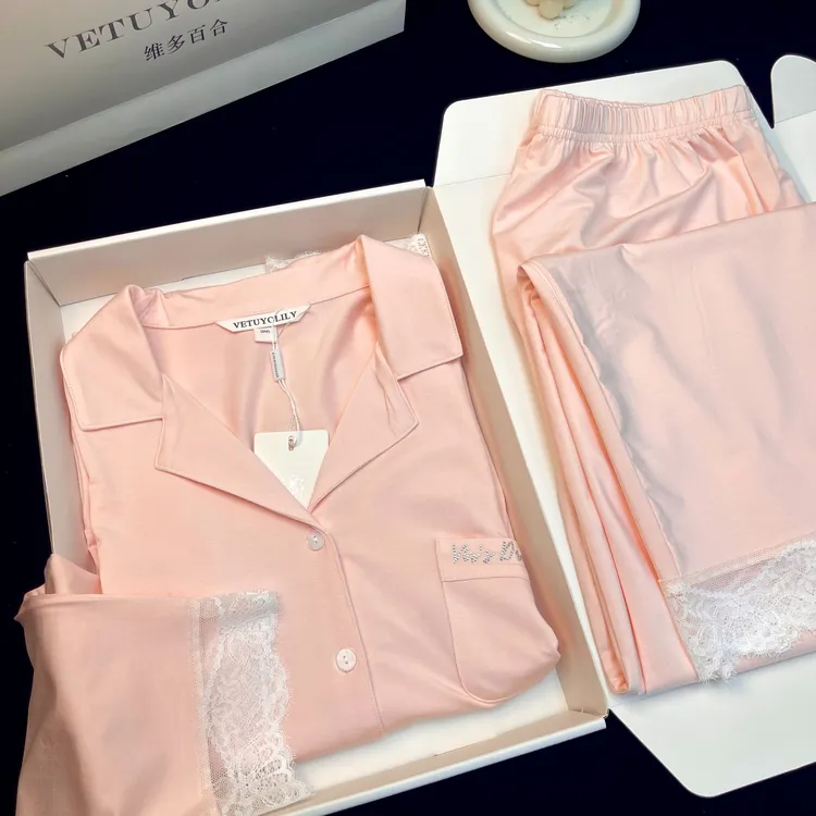 法式莫代尔高级感蕾丝边睡衣秋季秋冬女秋柔软长袖长裤家居服套装