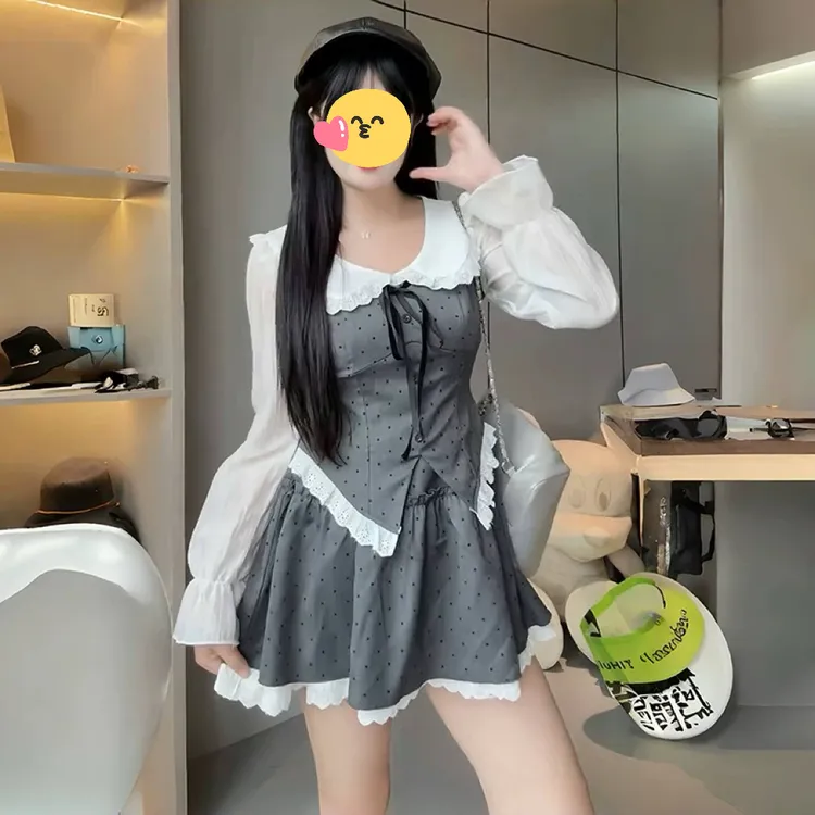 大码女装胖mm韩系娃娃领波点上衣+蕾丝花边半裙2025秋季显瘦套装