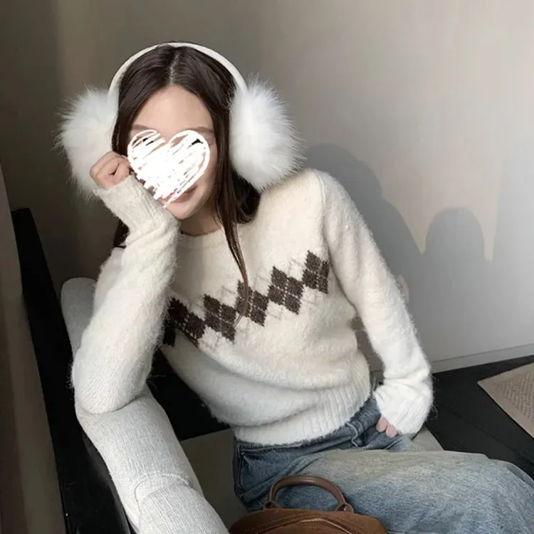 【菱格美学】复古菱格套头长袖针织衫毛衣W1307