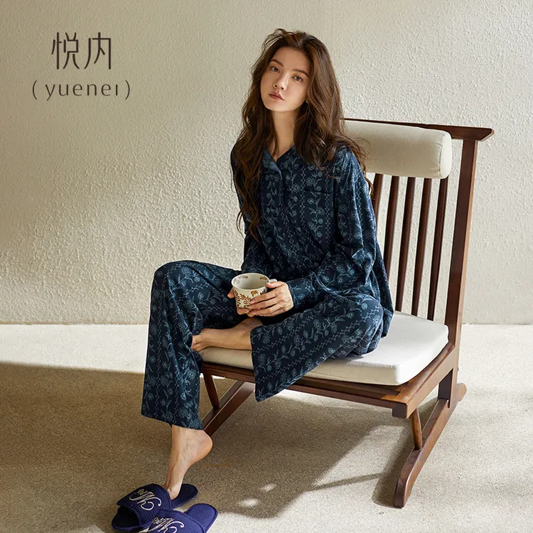 悦内睡衣套装秋季长袖长裤棉绸纯棉家居服休闲加厚宫廷风可外穿