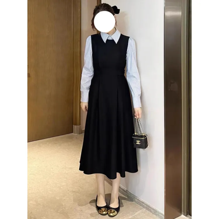 大码法式高级感时尚拼接假两件连衣裙女秋季新款气质收腰显瘦裙子