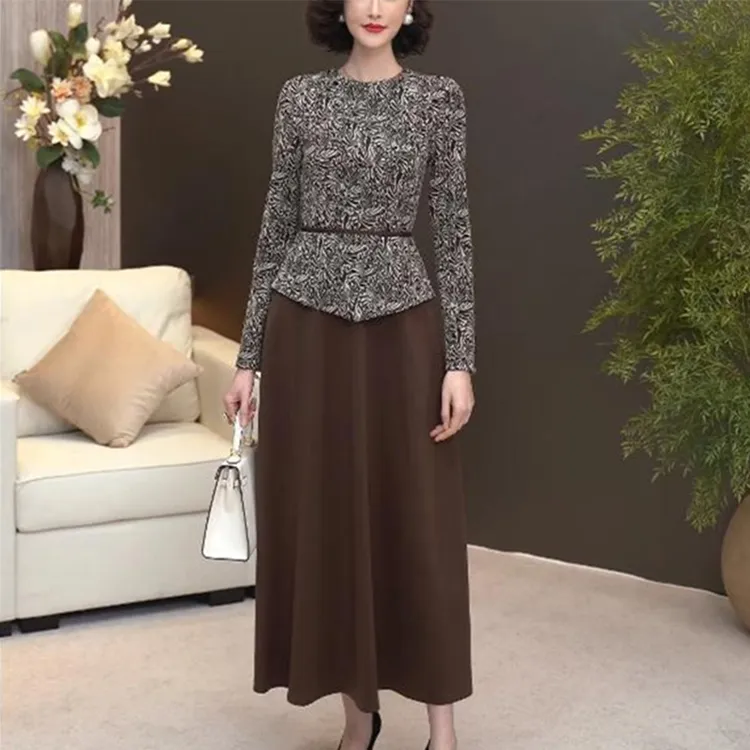 2025秋季新款梭织多彩丝浮雕提花假两件优雅气质连衣裙