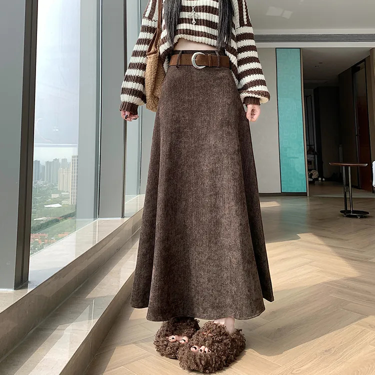 美拉德咖色雪尼尔a字半身裙2025秋冬新款大码高腰复古长款大摆裙