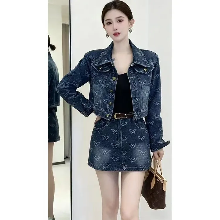 秋季原宿极简风通勤复古重工显瘦时尚长袖百搭牛仔两件套装裤裙女