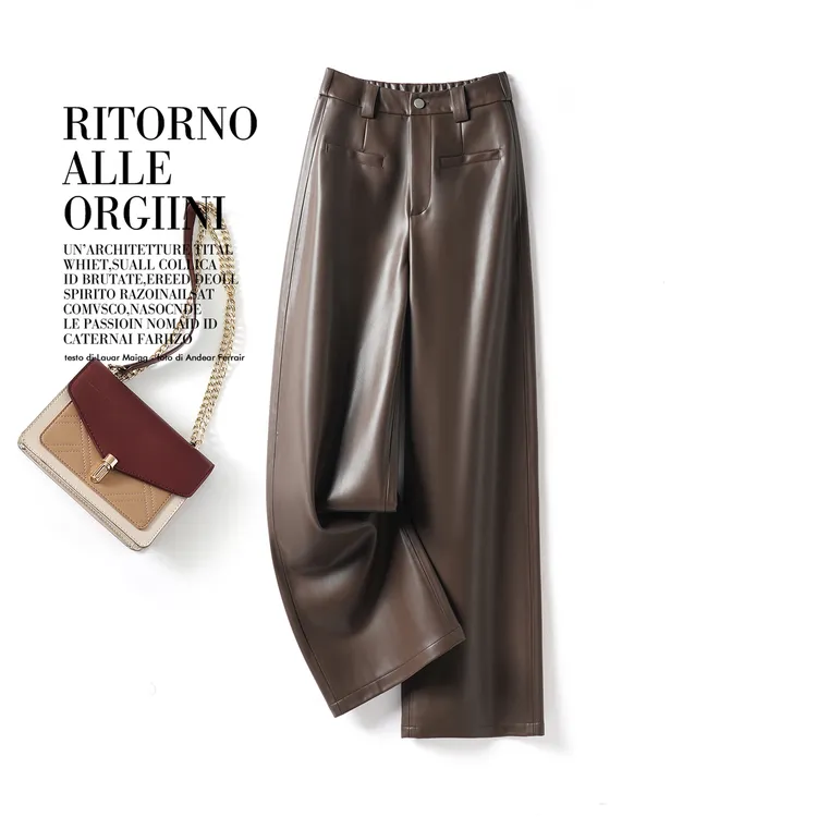 海宁真皮裤女2025秋冬新款薄绒时尚百搭直筒松紧高腰长裤微阔腿裤