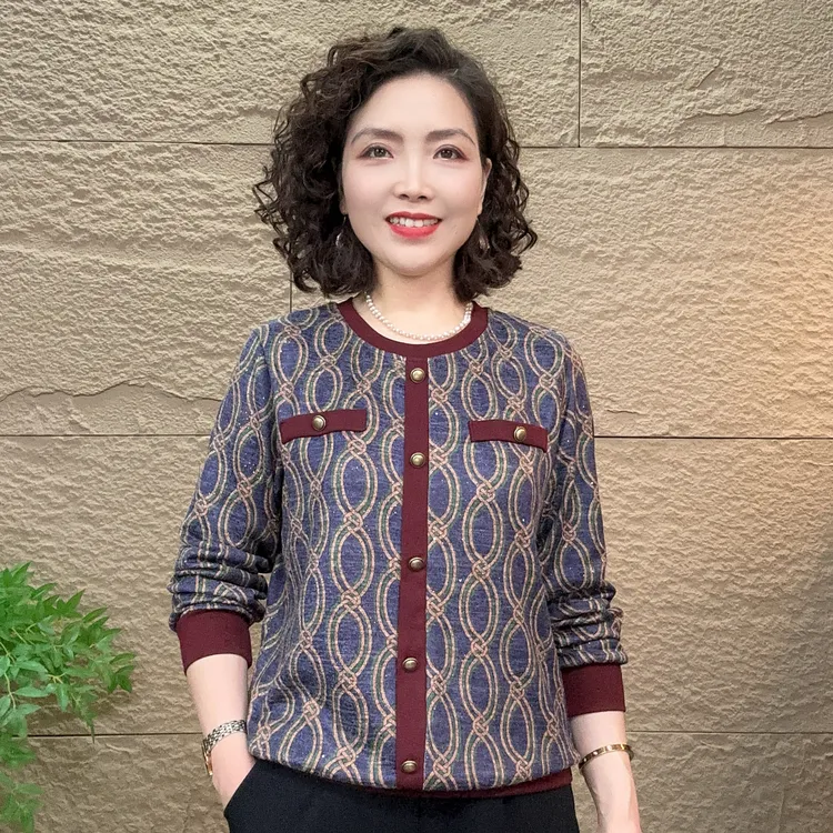 秋款中老年妈妈装时尚宽松气质流光风百搭休闲小香风长袖女打底衫