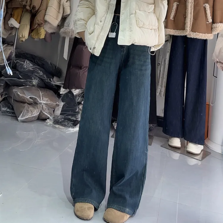 2367款冬季新款密密绒加绒加厚高腰直筒牛仔蓝色显瘦阔腿牛仔裤