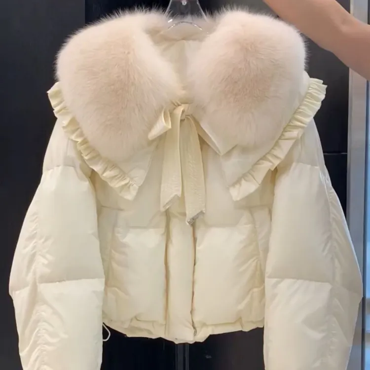 2025冬季新款甜美短款棉服高级毛领韩版米白色时尚小个子加厚外套
