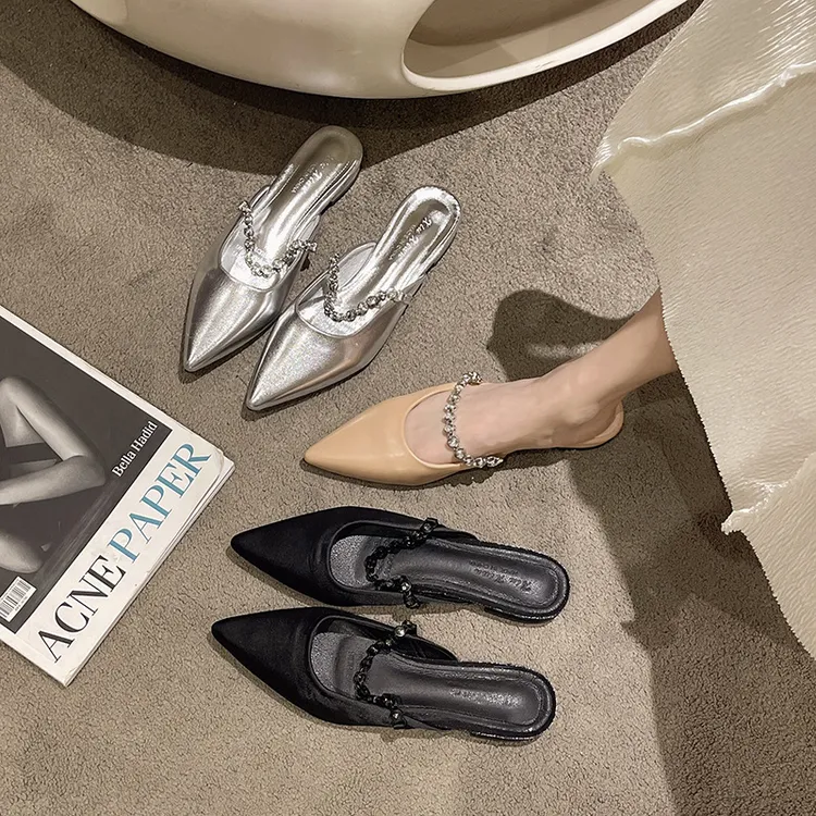 法式气质银色水钻包头半拖鞋女鞋子外穿2025新款夏季半拖女鞋外穿