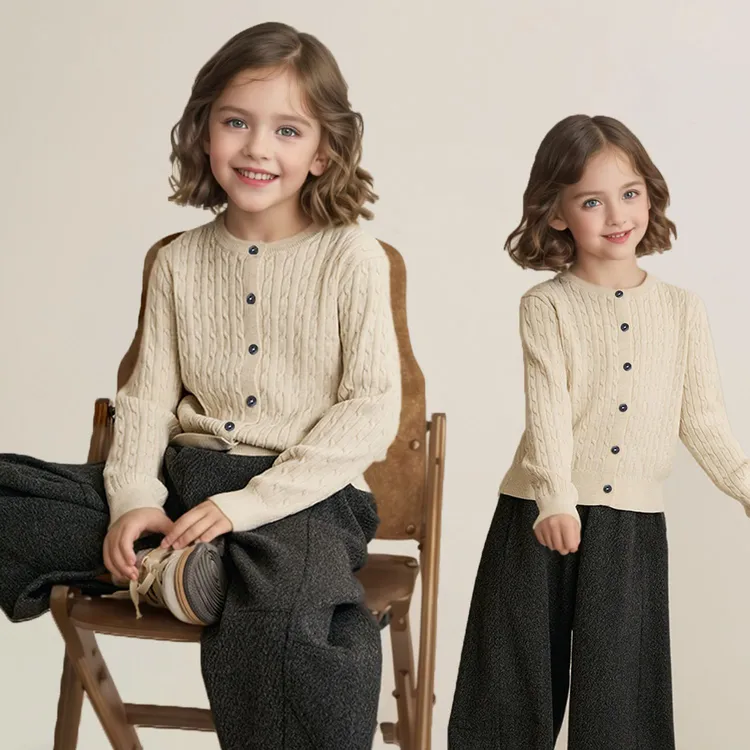 女童2025秋冬新款针织开衫圆领纯色麻花毛衣儿童洋气外套宝宝上衣